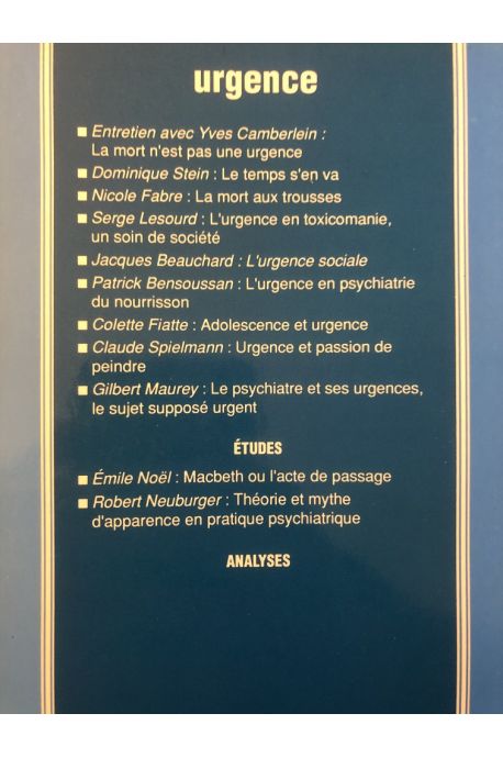 Etudes psychothérapiques Nouvelle Sérire N°2, Urgence